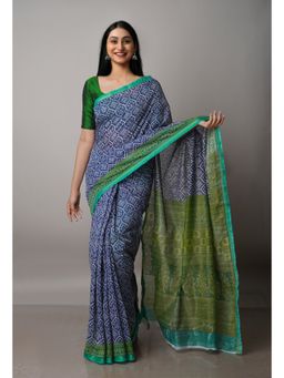 Unnati Silks - Navy Blue Screen Printed Chanderi Sico Saree with Unstitched Blouse