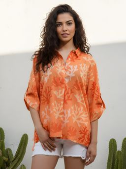 Dora Dori - Coral Shirt Collar Floral Printed Pure Cotton Top
