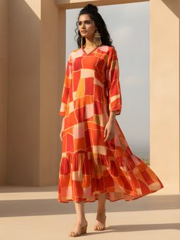 Dora Dori - Printed Midi Tiered Dress With Mirror Work