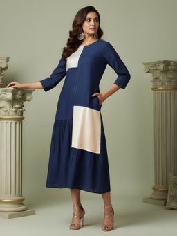 Dora Dori - Navy Blue Chanderi Patchwork Dress