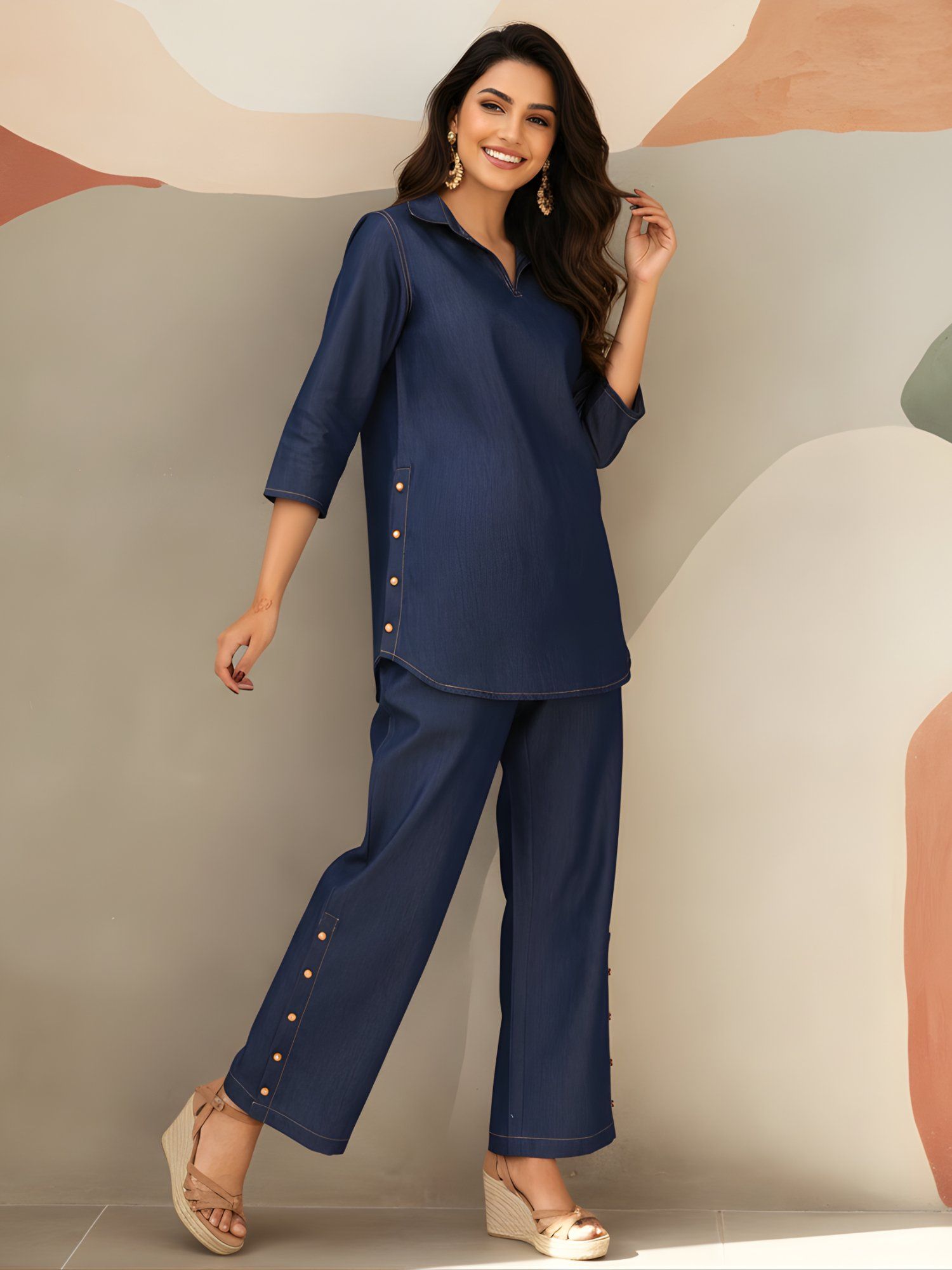 dora dori Navy Blue Denim Side Button Detail Co-Ord Set-picture-21