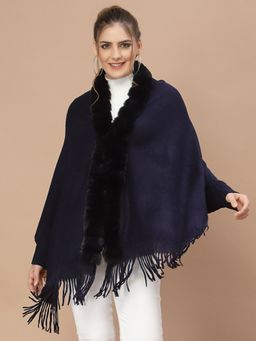 Mafadeny - Women Solid Long Sleeves V-Neck Viscose Navy Blue Poncho