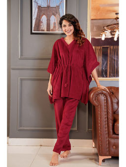 FEATHERS CLOSET - Maroon Solid Relaxed Fit Kaftan Top and Bottom (Set of 2)