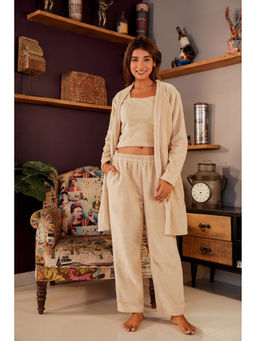 FEATHERS CLOSET - Beige Solid Relaxed Fit Top and Jacket with Pant (Set of 3)