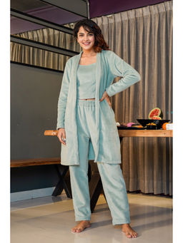 FEATHERS CLOSET - Blue Solid Relaxed Fit Top and Jacket with Pant (Set of 3)