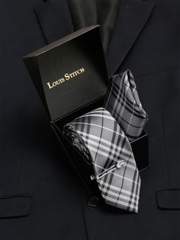 Louis Stitch - Mens Steel Grey Italian Silk Tie Pocket Square Chrome Tiepin