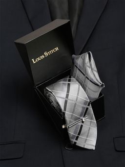 Louis Stitch - Mens Pewter Grey Italian Silk Tie Pocket Square Chrome Tiepin