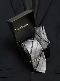 Louis Stitch - Mens Pewter Grey Italian Silk Tie Pocket Square Golden Tiepin