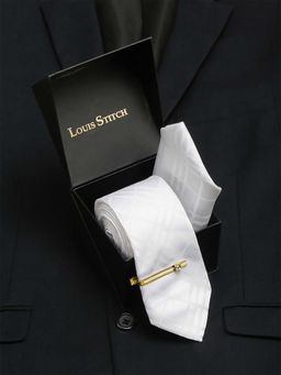 Louis Stitch - Mens Snow White Italian Silk Tie Pocket Square Golden Tiepin