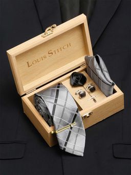 Louis Stitch - Mens Pewter Grey Italian Silk Tie Pocket Square Cufflink Golden Tiepin