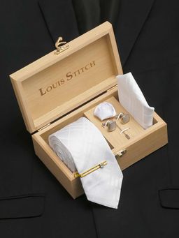 Louis Stitch - Mens Snow White Italian Silk Tie Pocket Square Cufflink Golden Tiepin