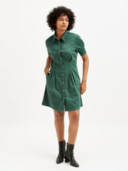 Levi's - Womens Solid Green Collar Neck Shirt Dress