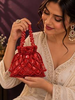 THE TAN CLAN - Rooh Red Sequined Tasselled Potli Bag