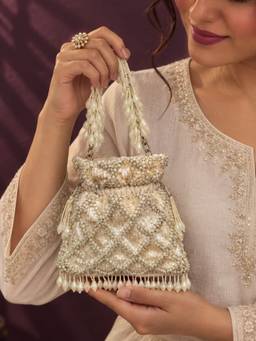 THE TAN CLAN - Rooh White Sequined Tasselled Potli Bag