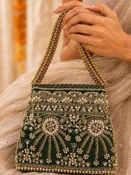 SUGARFRILL - Women Dark Green Beaded Embroidered Festive Potli Bag