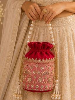 SUGARFRILL - Women Red Embellished Floral Drawstring Potli Bag