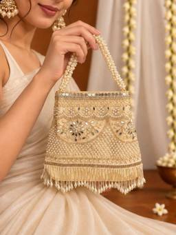 SUGARFRILL - Women Ivory Pearl Beaded Fringe Mini Potli Bag