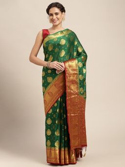Mimosa - Women's Kanjivaram Crepe Green Saree with Unstitched Blouse