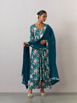 Ikshita Choudhary - Green Cotton Printed Kurta With Pants And Dupatta (Set of 3)