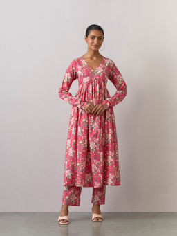 Ikshita Choudhary - Pink Cotton Printed Kurta With Pants (Set of 2)