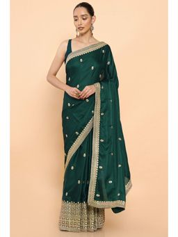 Soch - Women Green Cotton Embroidered Saree with Unstitched Blouse
