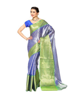 Banarasi Silk Works - Blue Kanchi Silk Pattu Border Saree with Unstitched Blouse