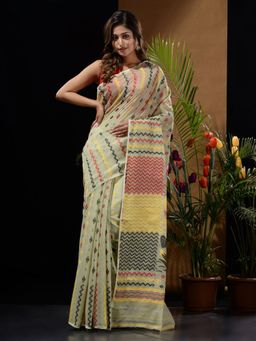 CHARUKRITI - Pistachio Green Handwoven Saree with Chevron Patterns & Bird Motifs