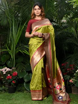 Beatitude - Green Woven Paithani Saree with Unstitched Blouse