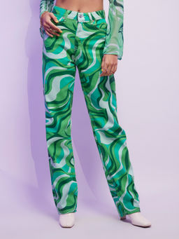 MIXT by Nykaa Fashion - Green Abstract Print High Waist Straight Fit Denims