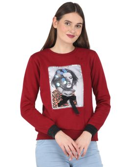Monte Carlo - Women Polyester Blend Maroon Graphic Round Neck Sweatshirt