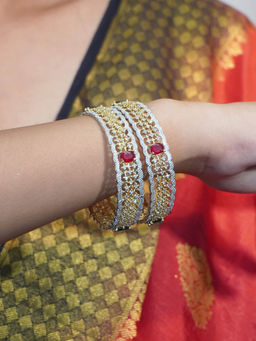 Niscka - Gold Plated Red and Green Stone with CZ Bangles For Women (Set of 2)