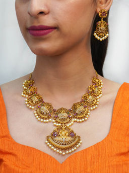 Niscka - 18k Gold Plated CZ Goddess Laxmi Temple Traditional Necklace & Earring Set