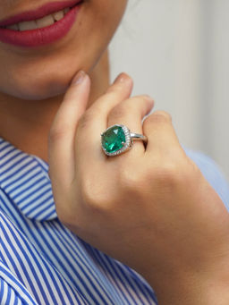 Niscka Silver Rhodium Green Solitaire Adjustable Ring