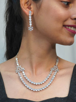 Niscka - Silver Rhodium Plated American Diamond Double Layer Necklace Set