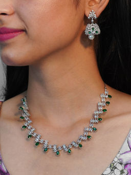 Niscka - Silver Rhodium Plated Green American Diamond Necklace with Jhumka Earring