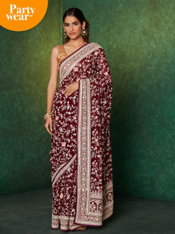 Likha - Wine Georgette Embroidered & Sequined Saree & Unstitched Blouse
