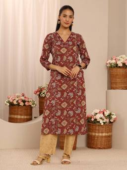 Libas - Brown Floral Printed Panelled Straight Kurta