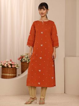 Libas - Orange floral motifs embroidered straight kurta