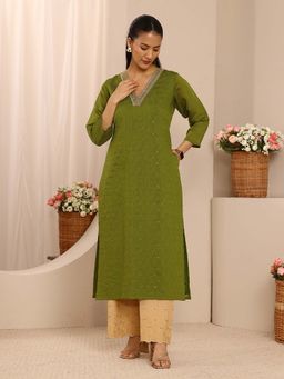 Libas - Olive sequinned embellished straight kurta