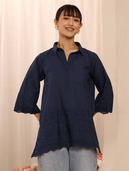 Libas - Navy Blue Thread Work embroidered Straight Tunic