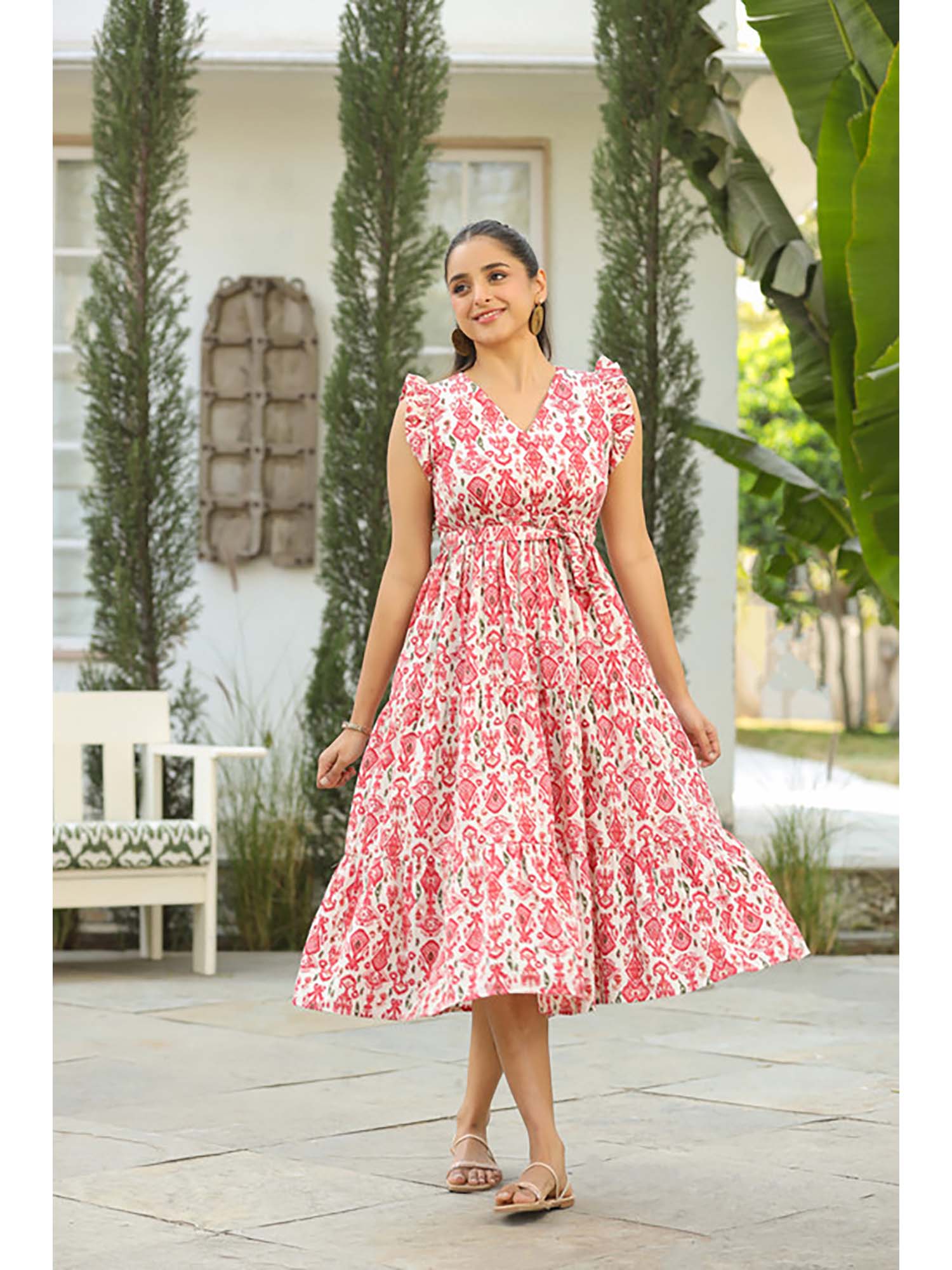 Pink V-Neck Fit and Flare Ethnic Dresses with Belt-picture-40