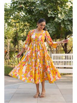 Rain & Rainbow - Yellow Square Neck Fit and Flare Ethnic Dresses
