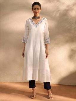 Libas - White jacquard embroidered yoke design a-line kurta