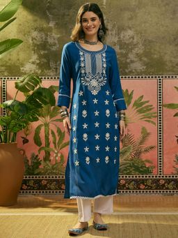 Stylum - Blue Embroidered Rayon Straight Kurta