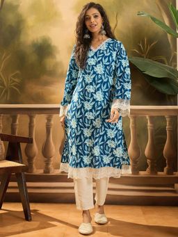 Stylum - Blue Floral Printed Cotton Straight Kurta
