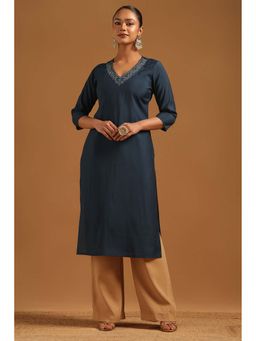 Soch - Navy Blue Muslin Kurta with Thread Work
