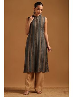 Soch - Blue Muslin Kurta with Stripes & Unstitched Sleeves