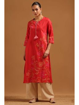 Soch - Rust Cotton Kurta with Floral Print