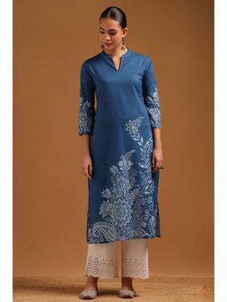 Soch - Indigo Cotton Kurta with Floral Print