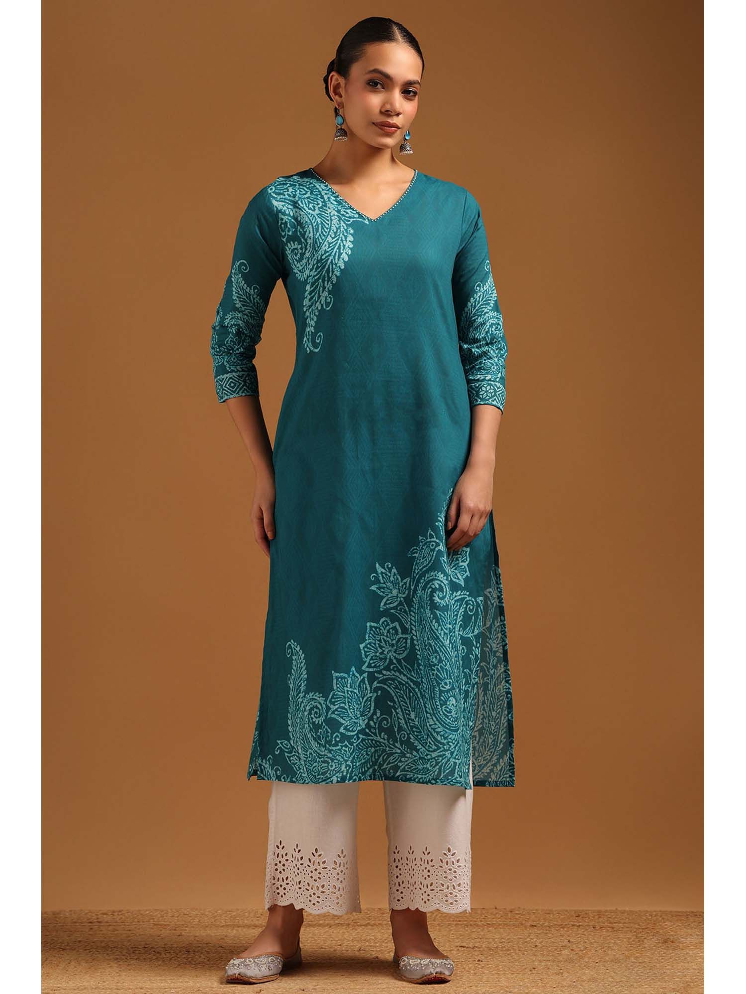 soch Teal Cotton Kurta with Ethnic Motifs and Beads-picture-13